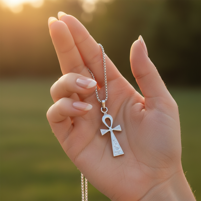 Ankh Anahtarı - Nilin Anahtarı Gümüş Kaplama Örme Zincir Kolye