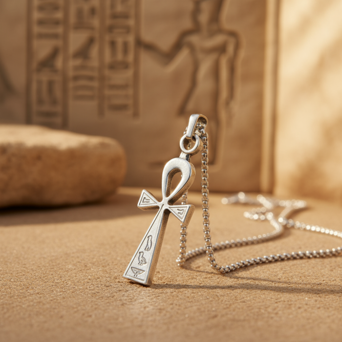 Ankh Anahtarı - Nilin Anahtarı Gümüş Kaplama Örme Zincir Kolye