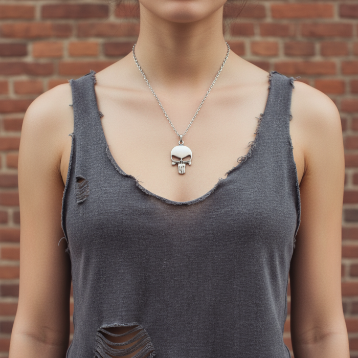 Punisher Cezalandırıcı Gümüş Kaplama Düz Zincir Kolye