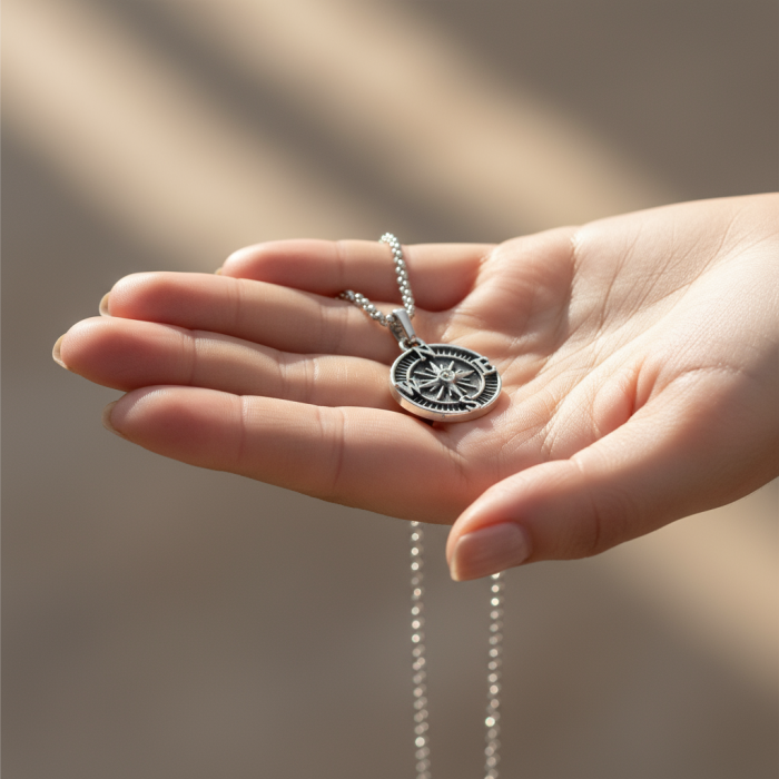 Minimal Pusula Gümüş Kaplama Örme Zincir Kolye