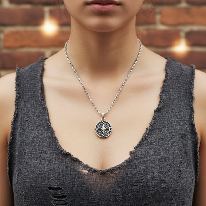 Minimal Pusula Gümüş Kaplama Örme Zincir Kolye