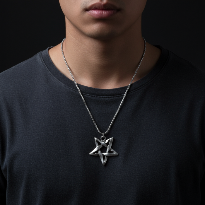 Pentagram Gümüş Kaplama Örme Zincir Kolye