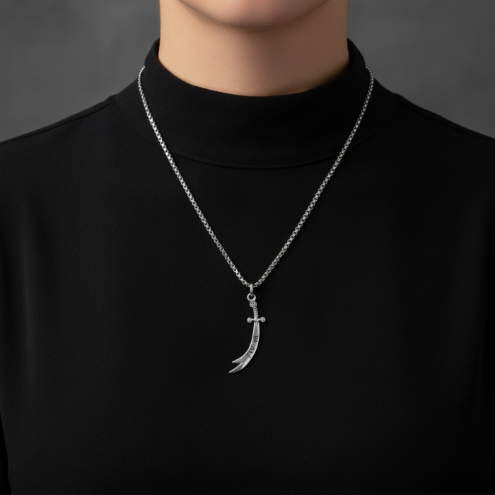 Zülfikar Ya Ali Kılıcı Gümüş Kaplama Örme Zincir Kolye