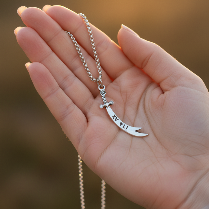 Zülfikar Ya Ali Kılıcı Gümüş Kaplama Örme Zincir Kolye