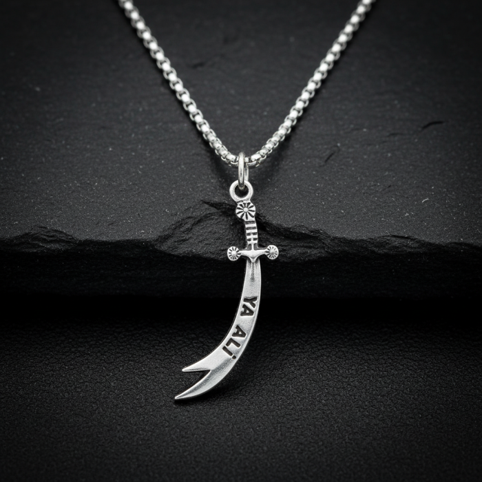 Zülfikar Ya Ali Kılıcı Gümüş Kaplama Örme Zincir Kolye