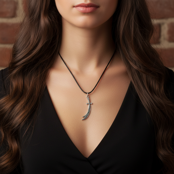 Zülfikar Ya Ali Kılıcı Gümüş Kaplama Deri İp Kolye