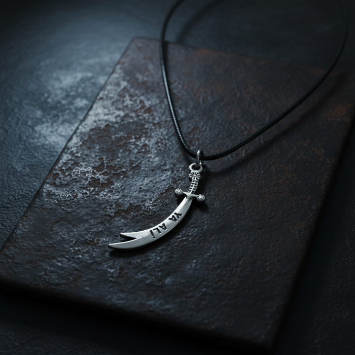 Zülfikar Ya Ali Kılıcı Gümüş Kaplama Deri İp Kolye