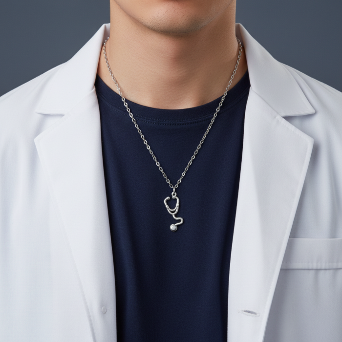 Doktor Steteskop Gümüş Kaplama Düz Zincir Kolye