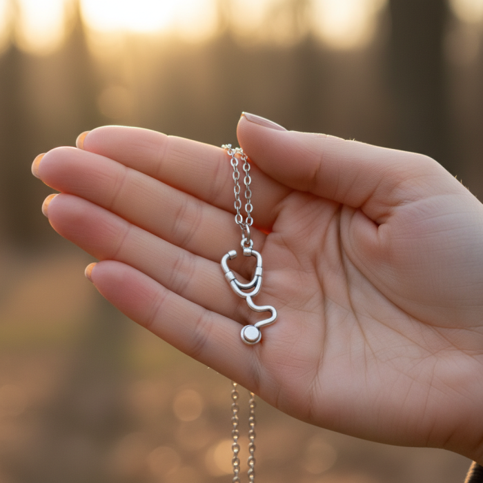 Doktor Steteskop Gümüş Kaplama Düz Zincir Kolye