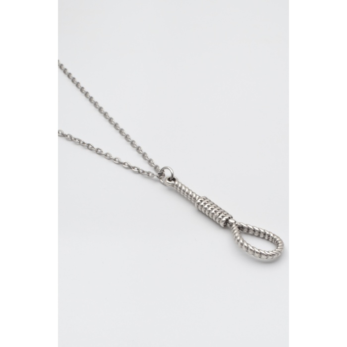 Halat - Urgan - İdam Düğümü Düz Ezme Zincir Kolye - Antik Gümüş Kaplama - Kadın Erkek - 60 cm