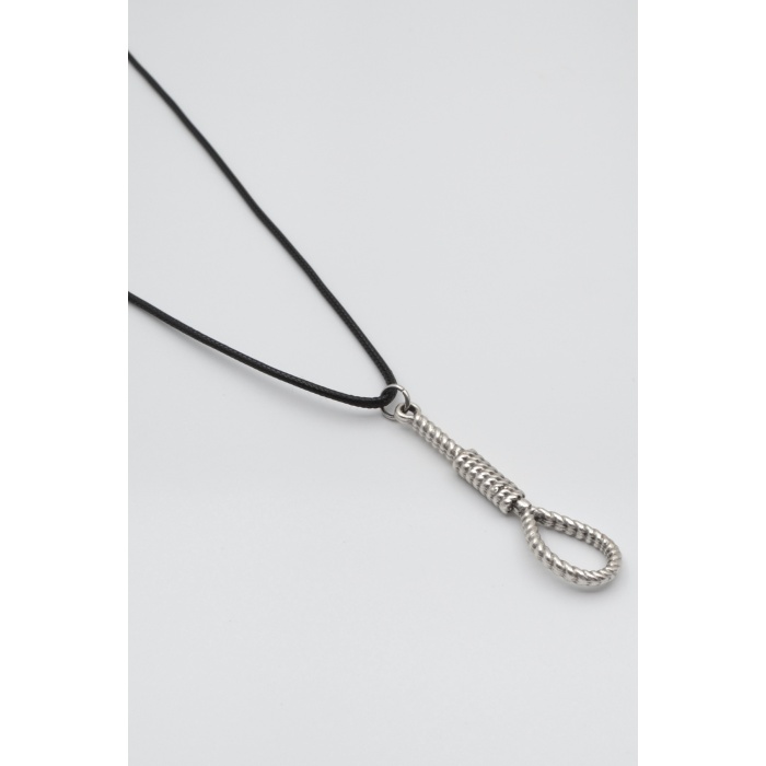 Halat - Urgan - İdam Düğümü Siyah Deri İp Kolye - Antik Gümüş Kaplama - Kadın Erkek - 60 cm