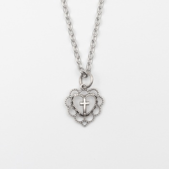 Modern Kalp İçinde Haç Kolye - Düz Ezme İthal Zincirli Unisex Gümüş Kaplama - 60 cm