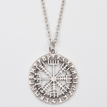 Viking Pusula Kolye (Vegvisir) - Düz Ezme İthal Zincirli Unisex Gümüş Kaplama - 60 cm