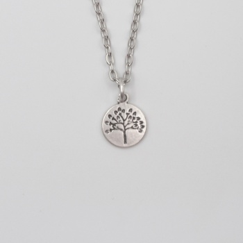 Yuvarlak Hayat Ağacı Düz Ezme Zincir Kolye - Antik Gümüş Kaplama - Kadın Erkek - 60 cm