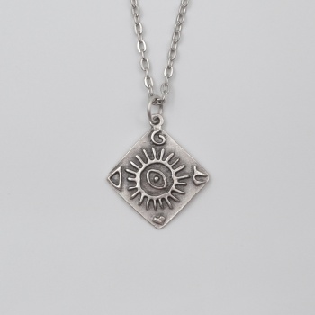Güneş ve Göz Sembollü Düz Ezme Zincir Kolye - Antik Gümüş Kaplama - Kadın Erkek - 60 cm