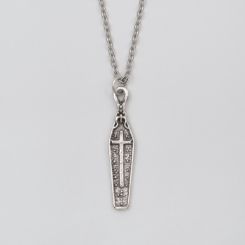Gotik Haçlı Tabut Düz Ezme Zincir Kolye - Antik Gümüş Kaplama - Kadın Erkek - 60 cm