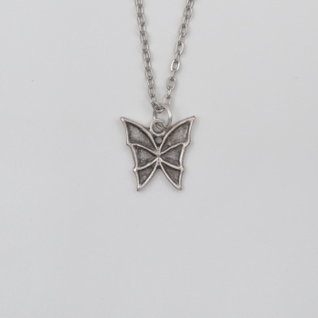 Kelebek Düz Ezme Zincir Kolye - Antik Gümüş Kaplama - Kadın Erkek - 60 cm