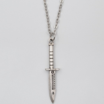 Testere Dişli Taktik Bıçak Düz Ezme Zincir Kolye - Antik Gümüş Kaplama - Kadın Erkek - 60 cm