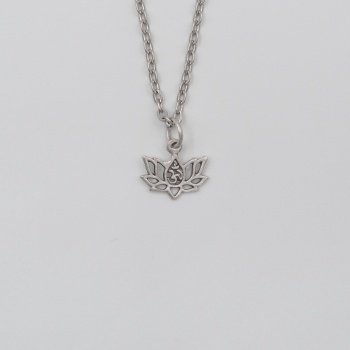 Minimal Om Sembollü Lotus Çiçeği Düz Ezme Zincir Kolye - Antik Gümüş Kaplama - Kadın Erkek - 60 cm
