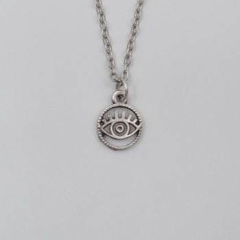 Minimalist Göz - Nazar Düz Ezme Zincir Kolye - Antik Gümüş Kaplama - Kadın Erkek - 60 cm