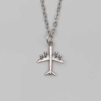 Küçük Uçak Düz Ezme Zincir Kolye - Antik Gümüş Kaplama - Kadın Erkek - 60 cm