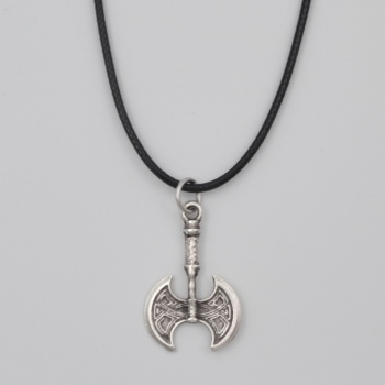 Viking Çift Taraflı Balta Kolye - PU Deri İp Zincirli Unisex Gümüş Kaplama - 60 cm