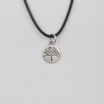Yuvarlak Hayat Ağacı Siyah Deri İp Kolye - Antik Gümüş Kaplama - Kadın Erkek - 60 cm