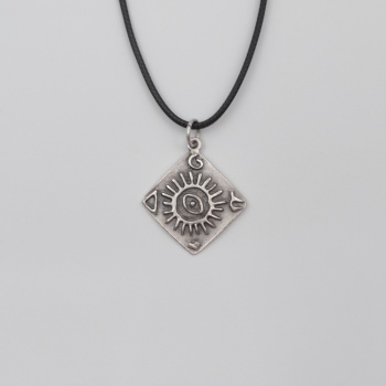 Güneş ve Göz Sembollü Siyah Deri İp Kolye - Antik Gümüş Kaplama - Kadın Erkek - 60 cm