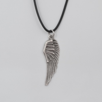 Melek Kanadı Siyah Deri İp Kolye - Antik Gümüş Kaplama - Kadın Erkek - 60 cm