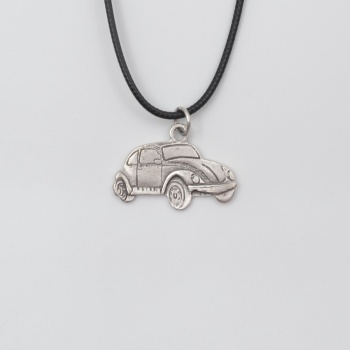 Nostaljik Vosvos Siyah Deri İp Kolye - Antik Gümüş Kaplama - Kadın Erkek - 60 cm