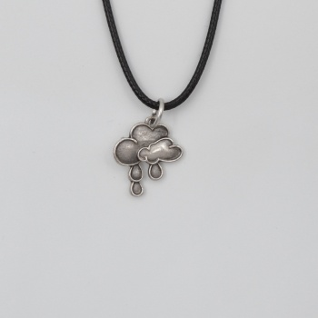 Bulut ve Yağmur Damlası Siyah Deri İp Kolye - Antik Gümüş Kaplama - Kadın Erkek - 60 cm