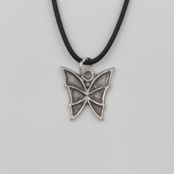 Kelebek Siyah Deri İp Kolye - Antik Gümüş Kaplama - Kadın Erkek - 60 cm
