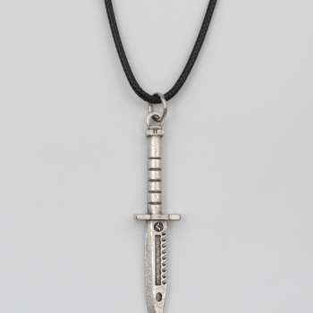 Testere Dişli Taktik Bıçak Siyah Deri İp Kolye - Antik Gümüş Kaplama - Kadın Erkek - 60 cm