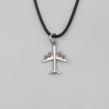 Küçük Uçak Siyah Deri İp Kolye - Antik Gümüş Kaplama - Kadın Erkek - 60 cm
