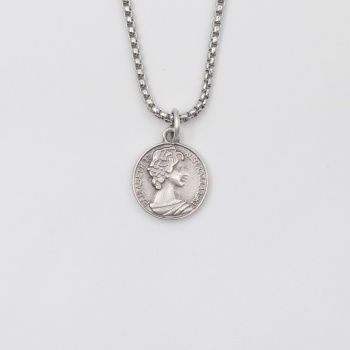 İngiliz Kraliçe II. Elizabeth Örme Zincir Kolye - Antik Gümüş Kaplama - Kadın Erkek - 60 cm