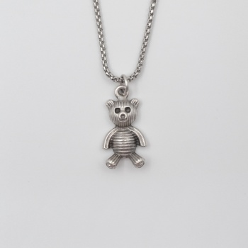 Oyuncak Ayı Örme Zincir Kolye - Antik Gümüş Kaplama - Kadın Erkek - 60 cm