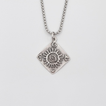 Güneş ve Göz Sembollü Örme Zincir Kolye - Antik Gümüş Kaplama - Kadın Erkek - 60 cm