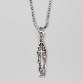 Gotik Haçlı Tabut Örme Zincir Kolye - Antik Gümüş Kaplama - Kadın Erkek - 60 cm