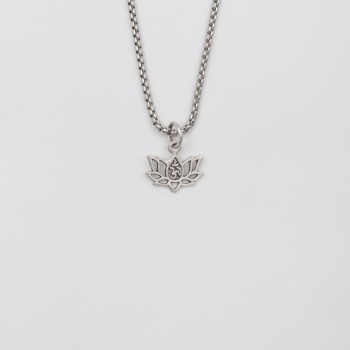 Minimal Om Sembollü Lotus Çiçeği Örme Zincir Kolye - Antik Gümüş Kaplama - Kadın Erkek - 60 cm