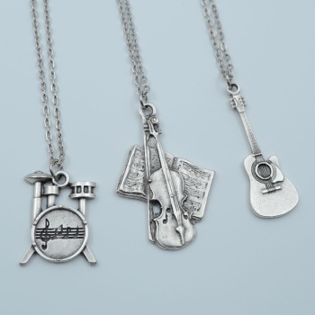 3lü Keman Nota Defteri Bateri Gitar Gümüş Kaplama Kolye Seti