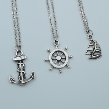 3lü Gemici Dümen Çapa Yelkenli Gümüş Kaplama Kolye Seti