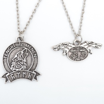 2li Kam Şaman Davulu - Tengri Biz Menen Bozkurt Gümüş Kaplama Kolye Seti