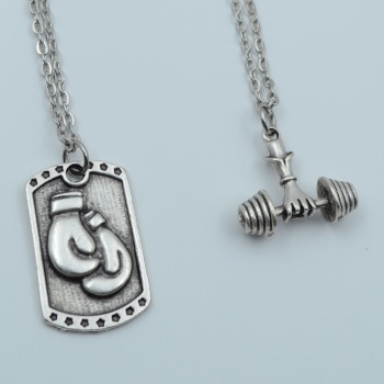 2li Boks Eldiveni Künye Dambıl Halter Gümüş Kaplama Kolye Seti