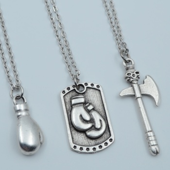 3lü Boks Eldiven Künye Kuru Kafa Balta Gümüş Kaplama Kolye Seti