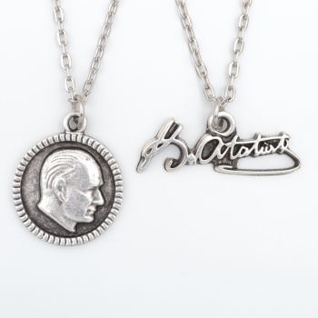 2li Kemal Atatürk İmza - Madalyon Gümüş Kaplama Kolye Seti