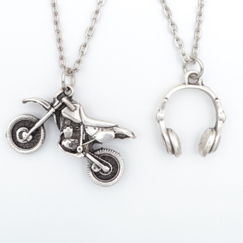 2li Cross Motor - Motorsiklet - Kulaklık Gümüş Kaplama Kolye Seti