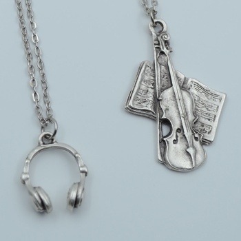 2li Keman Nota Defteri Kulaklık Gümüş Kaplama Kolye Seti