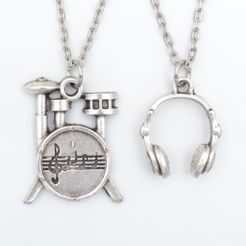 2li Kulaklık -  Bateri Davul Seti Gümüş Kaplama Kolye Seti