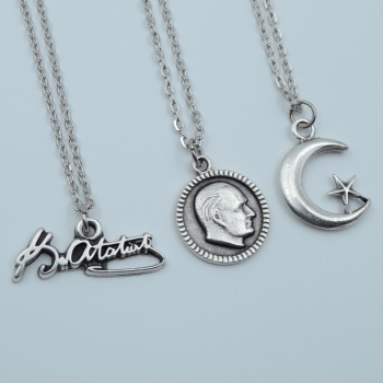 3lü Atatürk İmza Madalyon Ay Yıldız Gümüş Kaplama Kolye Seti