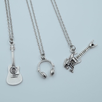 3lü Klasik Akustik Gitar Kuru Kafa Gitar Kulaklık Gümüş Kaplama Kolye Seti